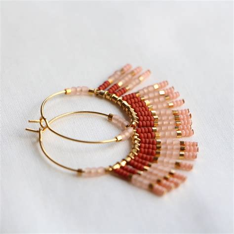 B O Bambou Golden Hoop Earrings With Miyuki Bead Fringes K Gold