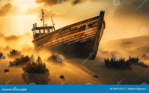 Wreck Of An Old Wooden Fishing Boat Abandoned In The Desert