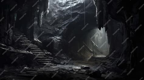 Premium AI Image | A dark cave with stairs leading to the entrance to ...