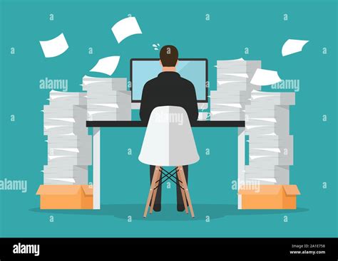 Busy Businessman Working On Computer With Pile Of Papers Vector