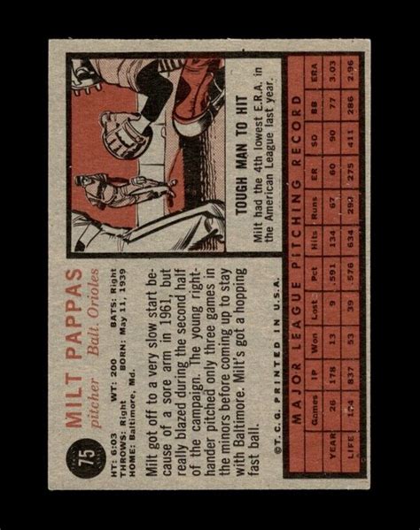 1962 Topps Set Break 75 Milt Pappas EX EXMINT GMCARDS EBay