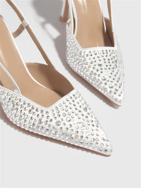 Woman Shoes Rhinestone Decor Point Toe Stiletto Heeled Slingback Pumps