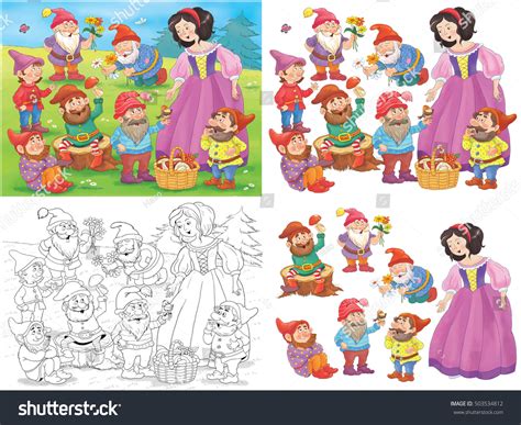 snow white  dwarfs fairy tale stock illustration