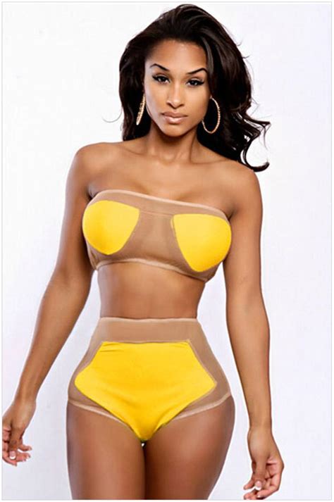 2017 2015 Yellow High Waist Bikini Mesh Sheer Womens Swimwear High Cut