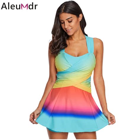 Aleumdr Swimwear 2 Pieces Tankinis Women Turquoise Ombre Tie Dye Swim Dress With Shorts Sport