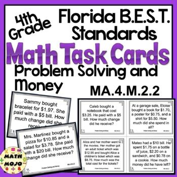 Th Grade Math Task Cards Florida B E S T Standards Money Problems Ma