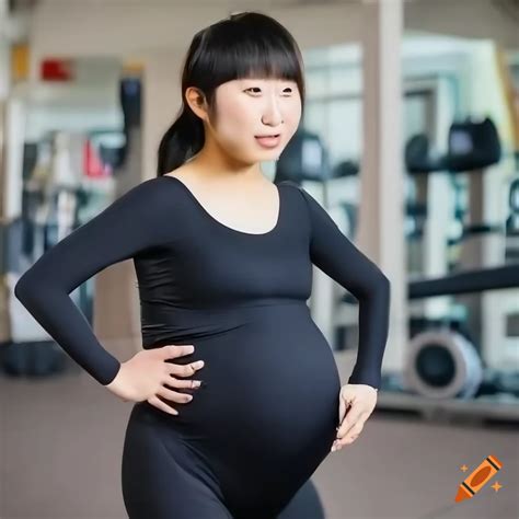 Heavily Pregnant Japanese Young Woman Wearing Dark Leotard Giant Pregnant Belly At The Gym