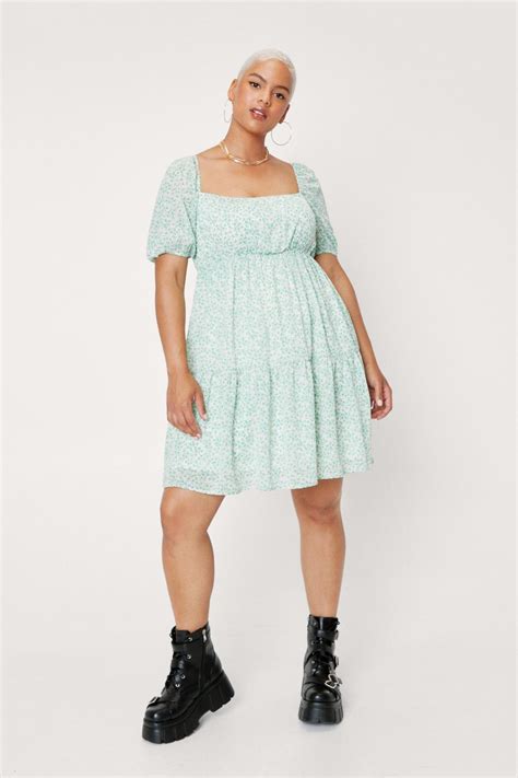 Plus Size Floral Puff Sleeve Smock Mini Dress Nasty Gal