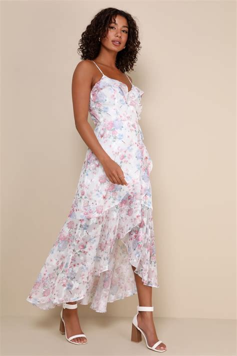 White Floral Dress High Low Wrap Dress Burnout Maxi Dress Lulus