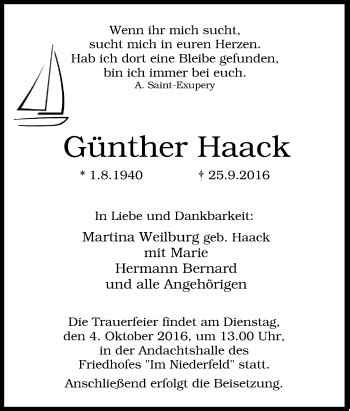 Traueranzeigen von Günther Haack Trauer in NRW de