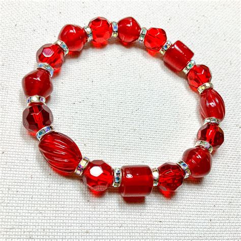 Red Beaded Bracelet Stretch Bracelet With Czech Glass And Etsy