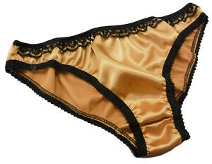 GOLDEN CARAMEL Shiny SATIN Panties Low Rise BIKINI BRIEFS Black Lace