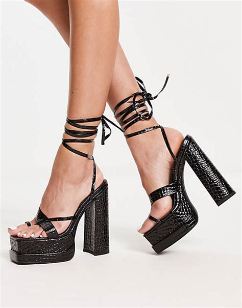 Simmi London Astrid Lace Up Platform Block Heels In Black Croc Asos