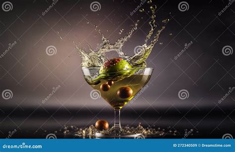 A Glass Filled With Liquid And Fruit On Top Of A Table Stock