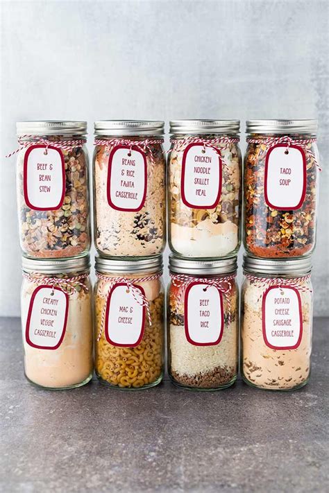 Six Jars Filled With Different Types Of Food And Labeled Labels On The