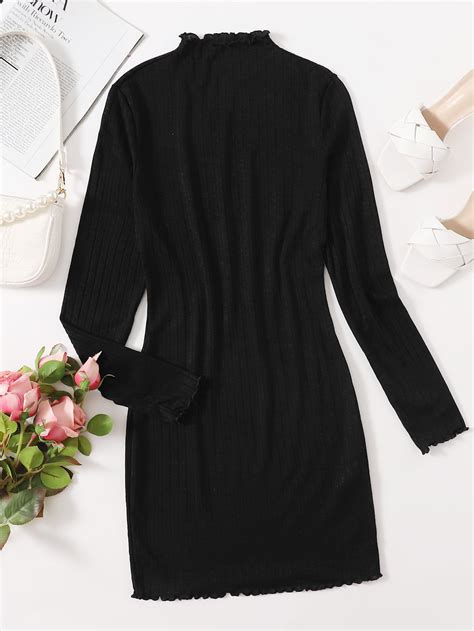 Shein Mock Neck Lettuce Trim Rib Knit Dress Shein Usa