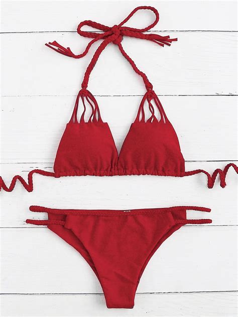 Braided Strap Cutout Detail Halter Bikini Set Shein Sheinside