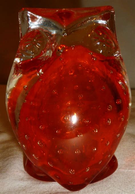 Vintage Lefton Owl Figurine Paperweight Controlled Bubbles Orange Red Glass