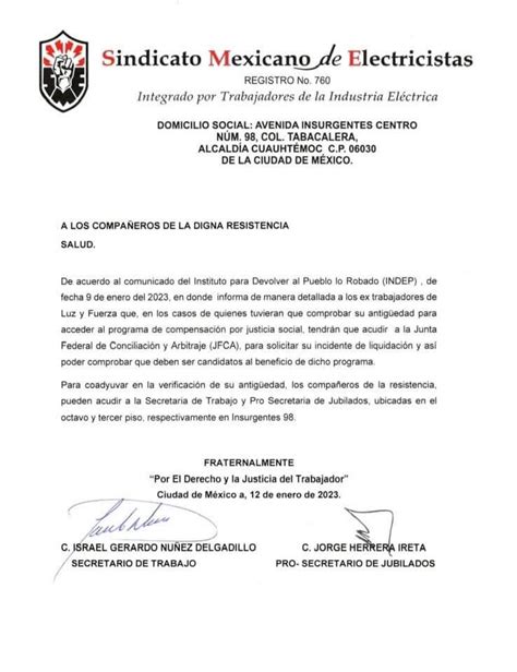 Sindicato Mexicano de Electricistas on Twitter A nuestros compañeros