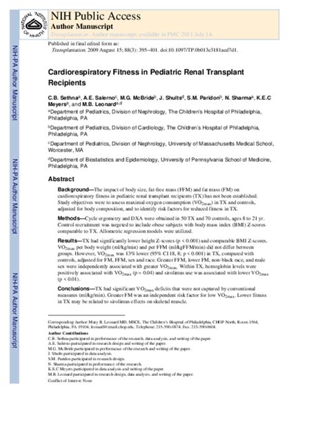 (PDF) Maximal Oxygen Consumption in Pediatric Renal Transplant Recipients