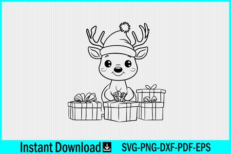 Cute Reindeer Outline With Gift Box Svg Graphic By Craftabledesign