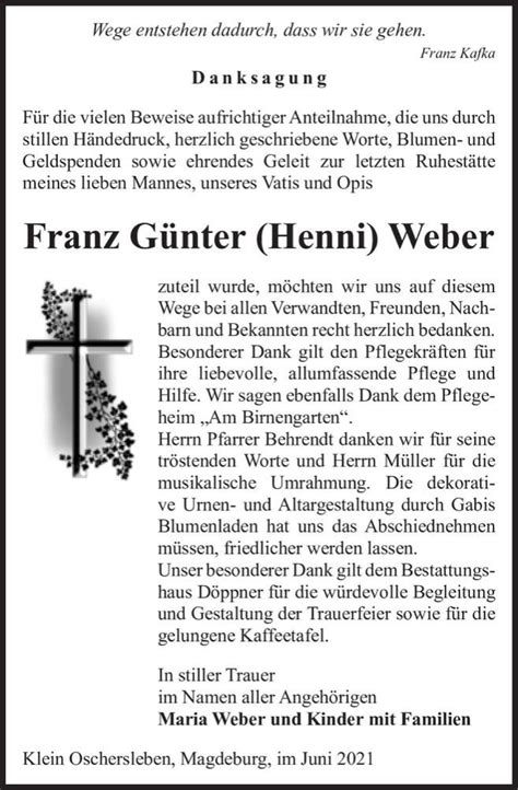 Traueranzeigen Von Franz G Nter Henni Weber Abschied Nehmen De