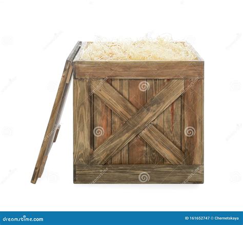 Caja De Madera Abierta Antigua Con Relleno Y Tapa Aislada Imagen De