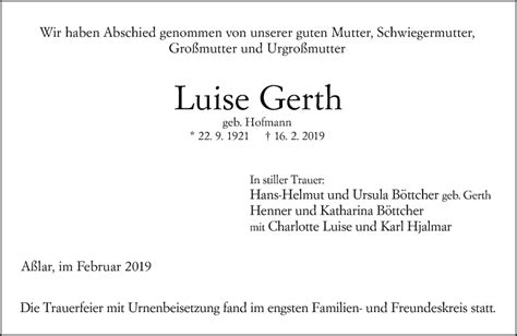 Traueranzeigen Von Luise Gerth Vrm Trauer De