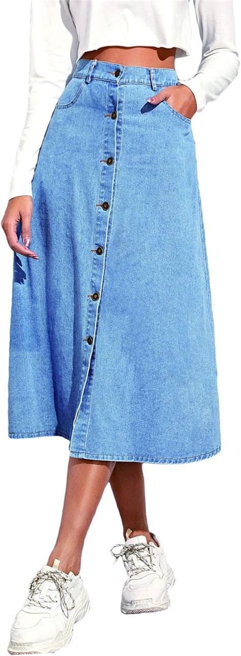 Wdirara Womens Casual Button Front Mid Waist A Line Full Length Denim Skirt At Amazon Womens