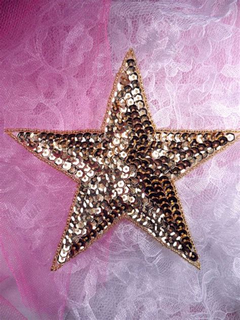 Jb Six Inch Gold Star Beaded Sequin Applique Patch Iron On Jb