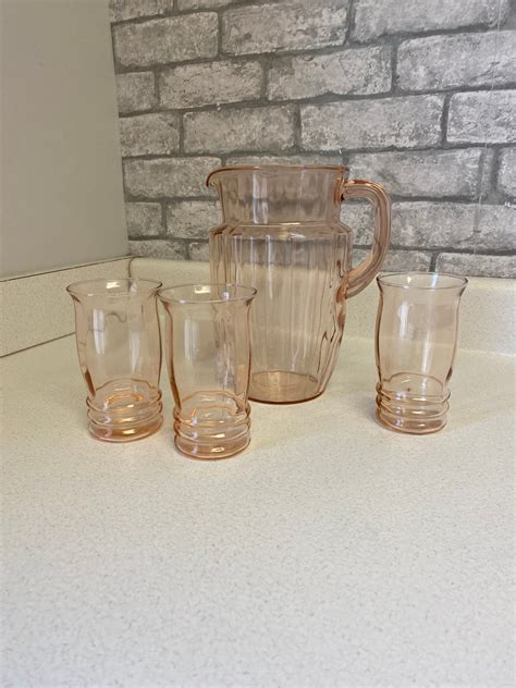 Vintage Pink Depression Glass Water Set Pillar Optic Pitcher With 3 Tumblers Glasses Hostess