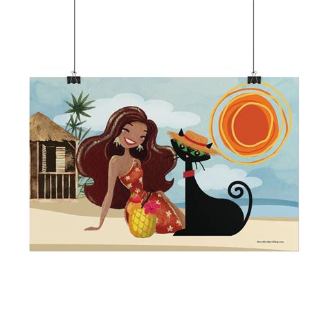 Tiki Beach Poster Atomic Cat Art Print Mid Century Modern Wall Art