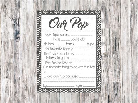 Our Pop Survey Fathers Day Questionnaire Grandpa Etsy