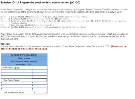 Solved Exercise 10 11A Prepare The Stockholders Equity Chegg