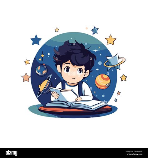 Boy Reading A Book With Planets And Stars Around Him Vector