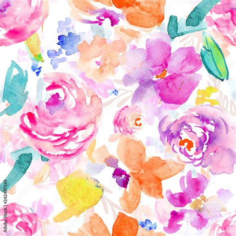 Wild Colorful Watercolor Flower Pattern Seamless Background Floral