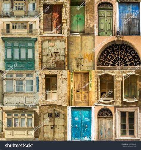Collage Photos Old Windows Doors Balconies Stock Photo 302143646