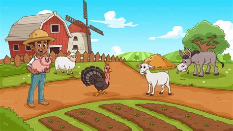 Black Farmer With Animals In His Farm Cartoon Illustration - FriendlyStock