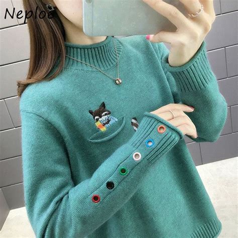 Embroidery Knitted Sweaters Women Autumn Harajuku Button O Neck Long