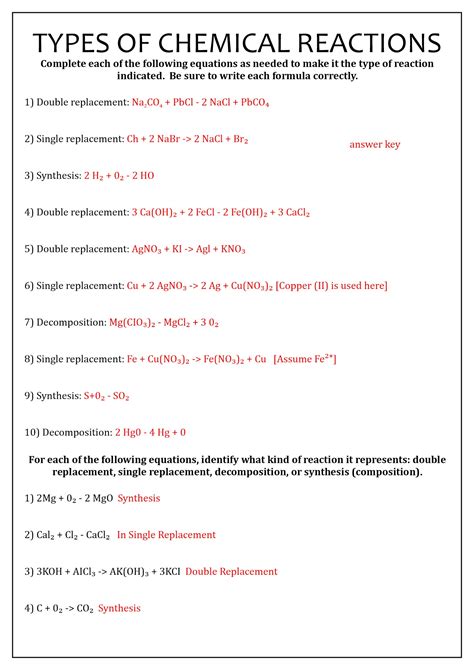 Types Of Reactions Worksheet 2 Answer Key - Printable And Enjoyable