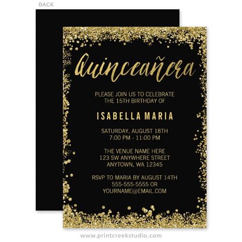 Black Gold Faux Glitter Quinceanera 15th Birthday Invitations - Print ...