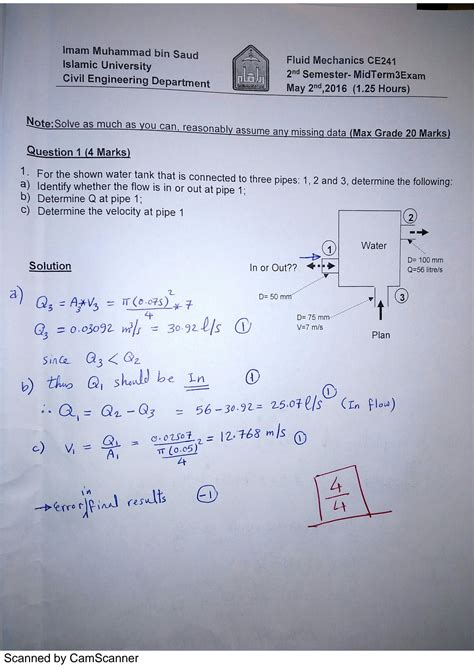 Solution Examen Parcial Con Soluci N De Mec Nica De Fluidos Ingenier