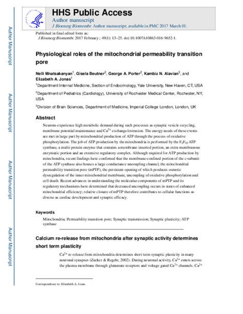 Pdf Physiological Roles Of The Mitochondrial Permeability Transition