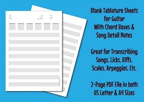 Printable Guitar Tab Paper With Chord Boxes & Song Detail Notes in US ...