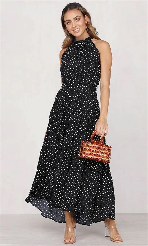 Black Polka Dot Halter Midi Dress Gabi Swimwear Floral Print Party Dress Floral Skater Dress