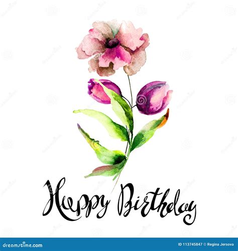 Stylized Flowers Watercolor Illustration With Title Happy Birthday Stock Illustration