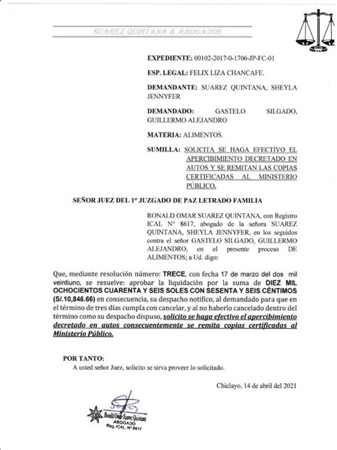 Solicita Se Haga Efectivo El Apercibimiento Decretado En Autos Y Se