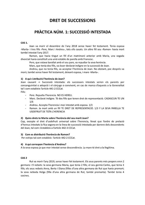 1 Pràctica NÚM 1 Intestada DRET DE SUCCESSIONS PRÀCTICA NÚM 1