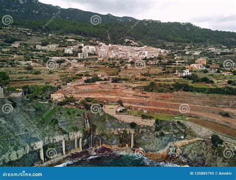 Coastal Banyalbufar Town Aerial View Mallorca Spain Stock Image