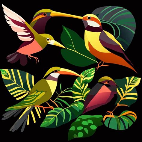 Conjunto De Iconos De Aves Tropicales Estilo Acuarela Vector Premium